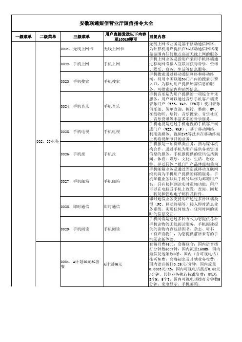 安徽联通短信营业厅短信指令大全