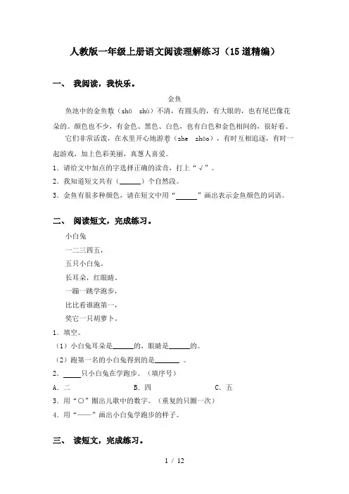 人教版一年级上册语文阅读理解练习(15道精编)