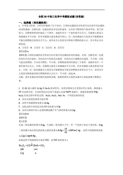 合肥38中初三化学中考模拟试题(含答案)