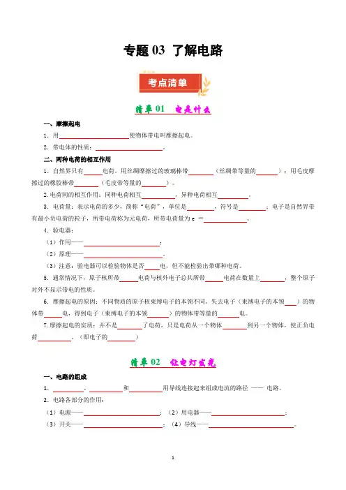 沪科版九年级物理上册  专题03 了解电路【考点清单】