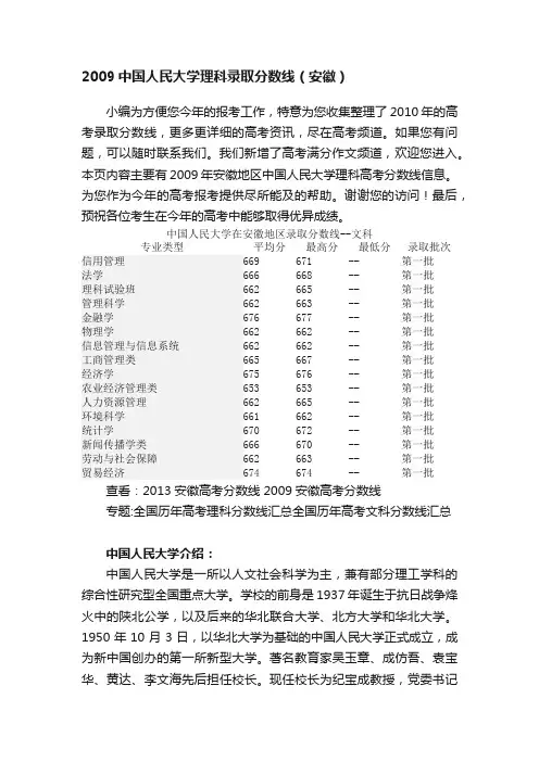 2009中国人民大学理科录取分数线（安徽）