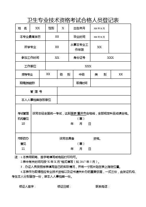 卫生专业技术资格考试合格人员登记表