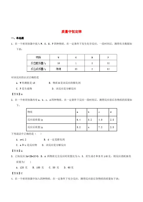 2018年中考化学专题测试卷质量守恒定律(有答案)