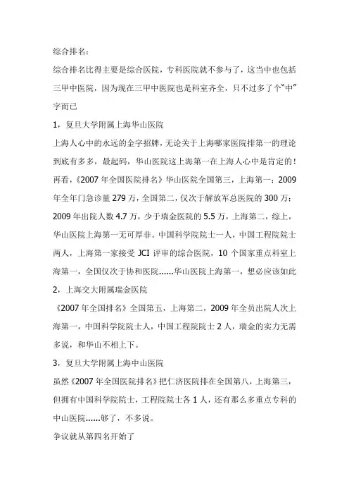 上海各大医院排名及专治各科