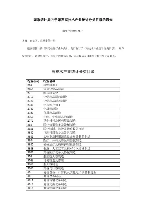 国家统计局关于印发高技术产业统计分类目录的通知