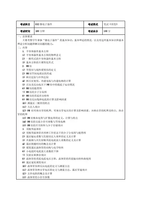 电子科技大学832微电子器件2020年考研专业课初试大纲