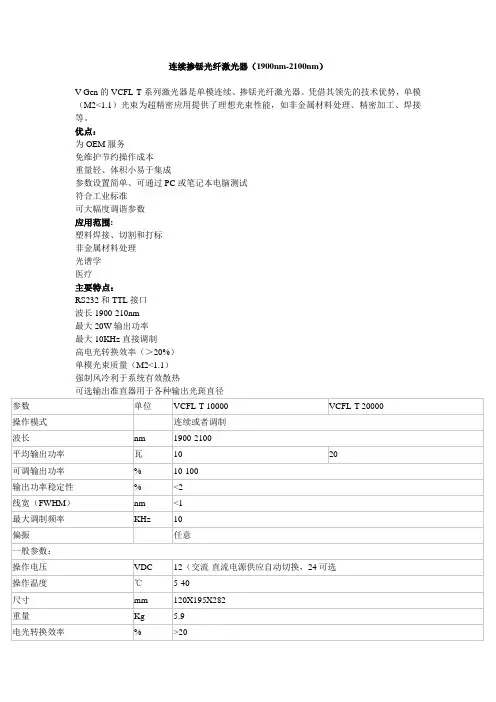 连续掺铥光纤激光器1900nm2100nm