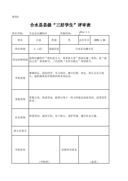 县级三好学生及优秀学生干部评审表