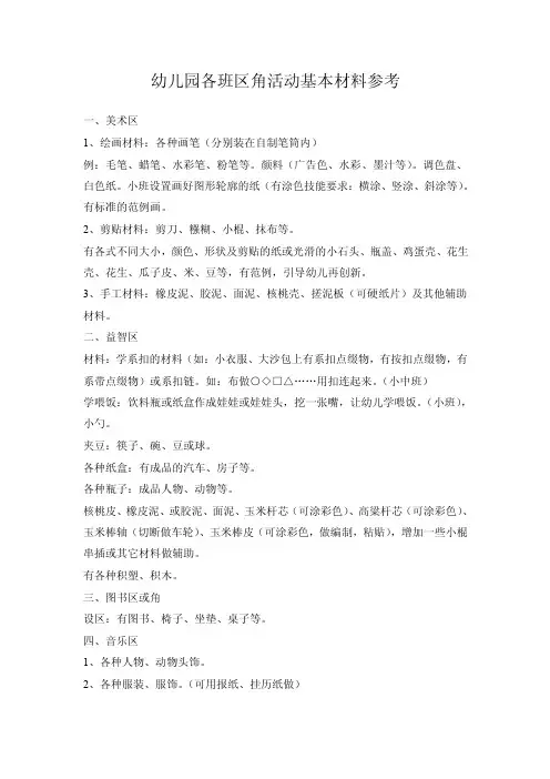 幼儿园各班区角活动基本材料参考
