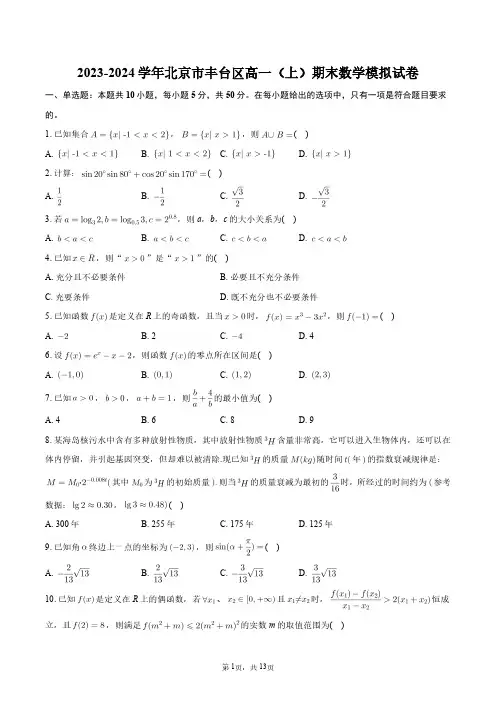 2023-2024学年北京市丰台区高一(上)期末数学模拟试卷+答案解析