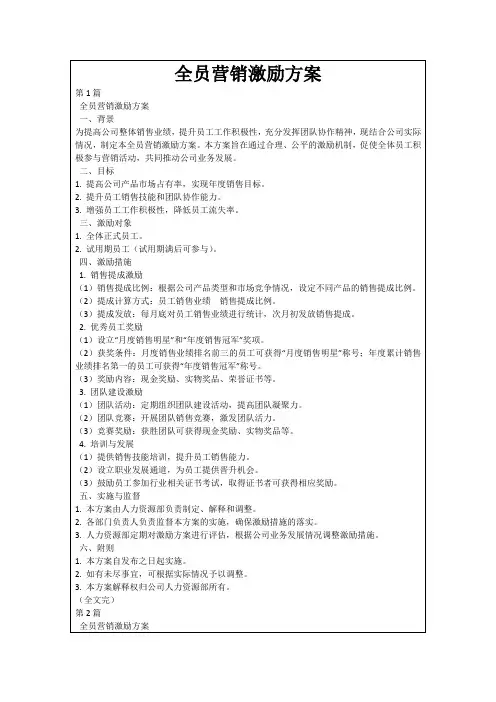 全员营销激励方案