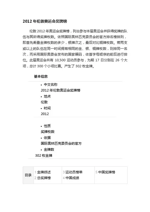 2012年伦敦奥运会奖牌榜