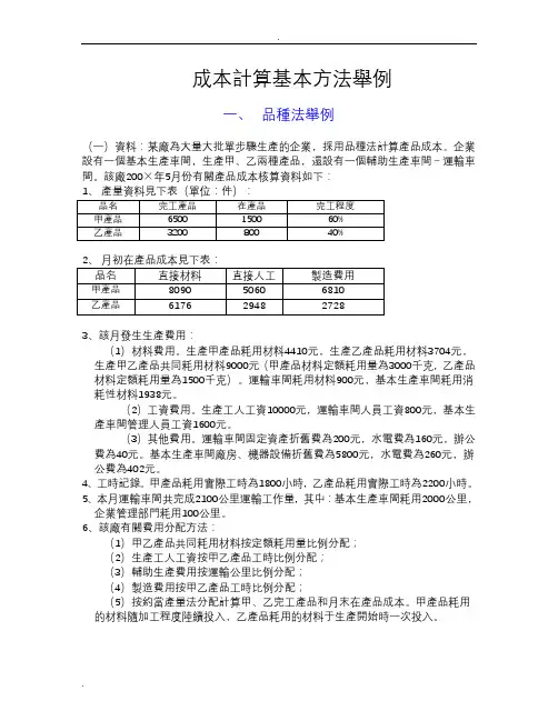 成本计算基本方法举例公式