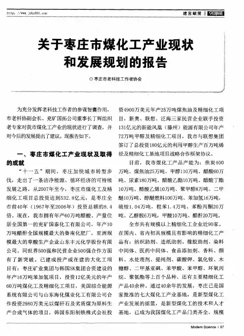 关于枣庄市煤化工产业现状和发展规划的报告