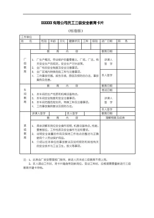 员工三级安全教育卡片(标准版)