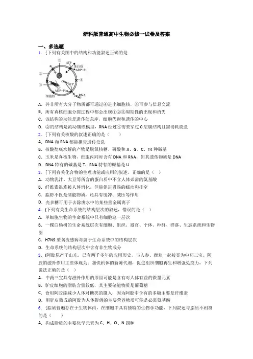 浙科版普通高中生物必修一试卷及答案