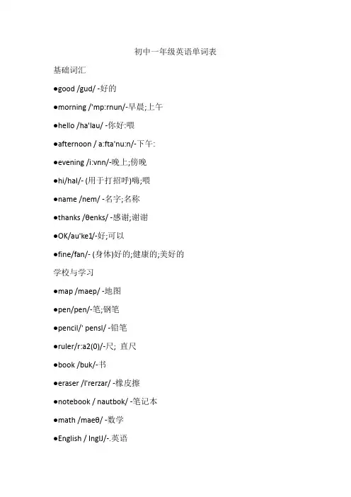 初中一年级英语单词表
