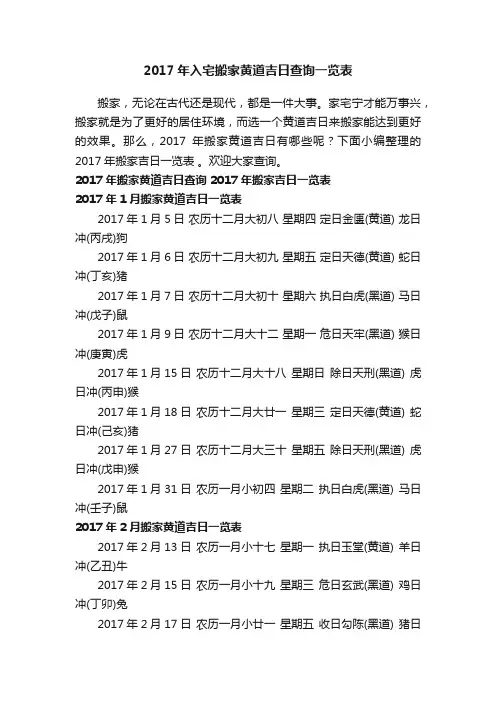 2017年入宅搬家黄道吉日查询一览表