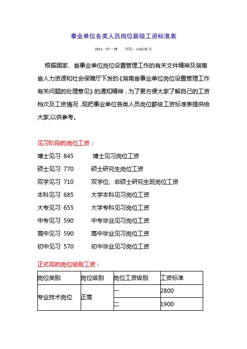事业单位各类人员岗位薪级工资标准表