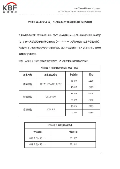 2018年ACCA 6、9月各科目考试时间及报名费用
