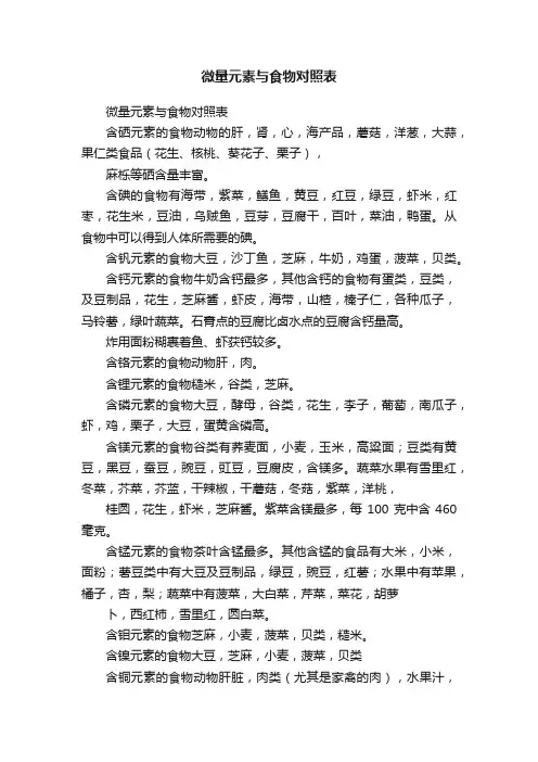 微量元素与食物对照表