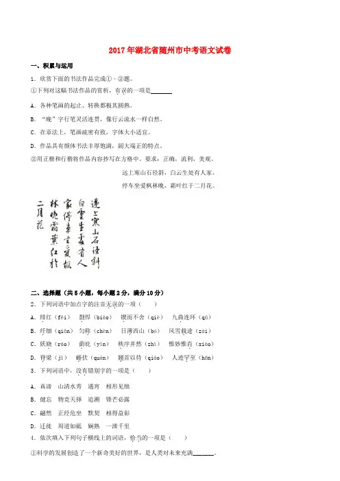 湖北省随州市2017年中考语文真题试题(含解析)