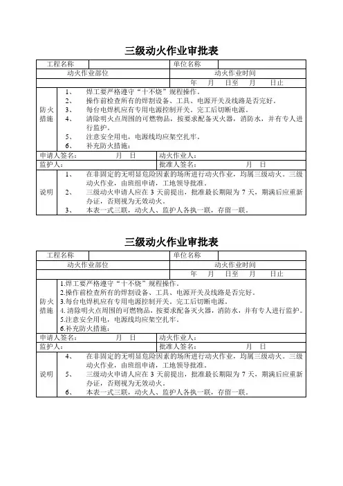 三级动火作业审批表