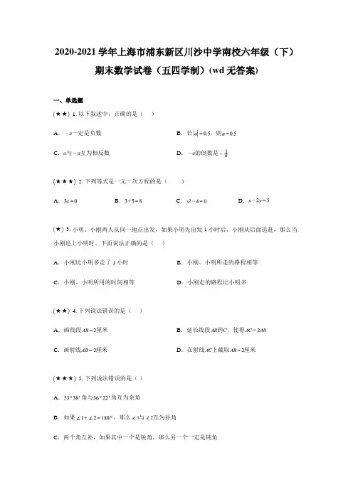 2020-2021学年上海市浦东新区川沙中学南校六年级(下)期末数学试卷(五四学制)(wd无答案)