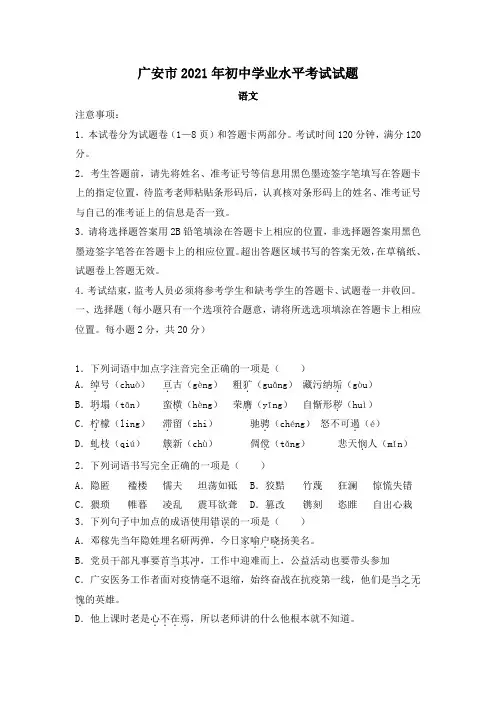 精品解析：2021年四川省广安市中考语文试题及答案