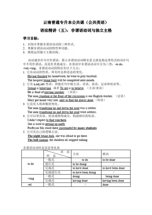 云南省普高专升本公共课(公共英语)语法精讲(五)：非谓语动词与独立主格