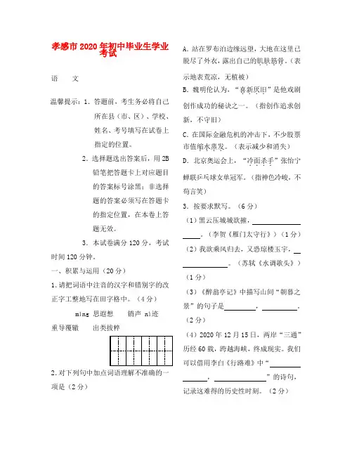 2020年湖北省孝感市初中毕业生九年级语文学业考试试卷(word版,有答案)