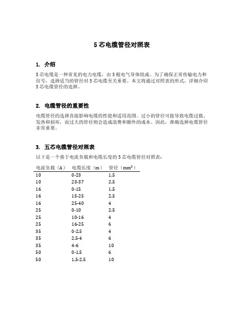 5芯电缆 管径 对照表