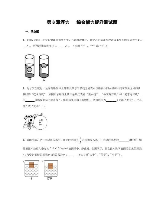 鲁科版五四学制八年级物理下册  第8章浮力  综合能力提升测试题(含答案)