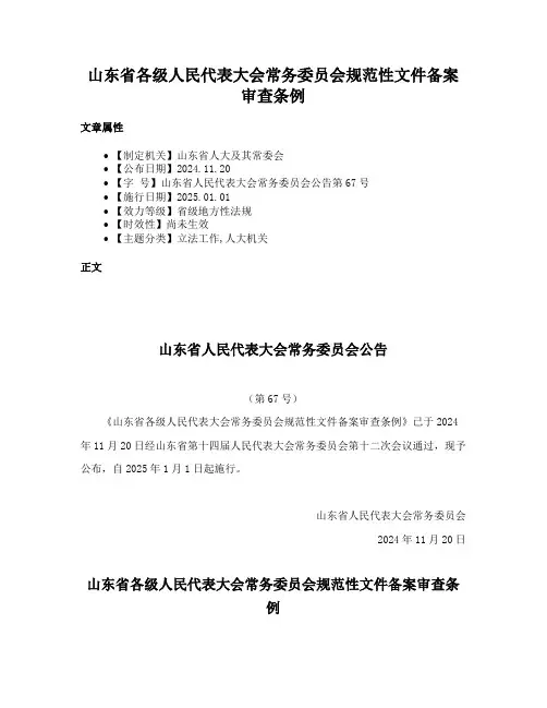 山东省各级人民代表大会常务委员会规范性文件备案审查条例