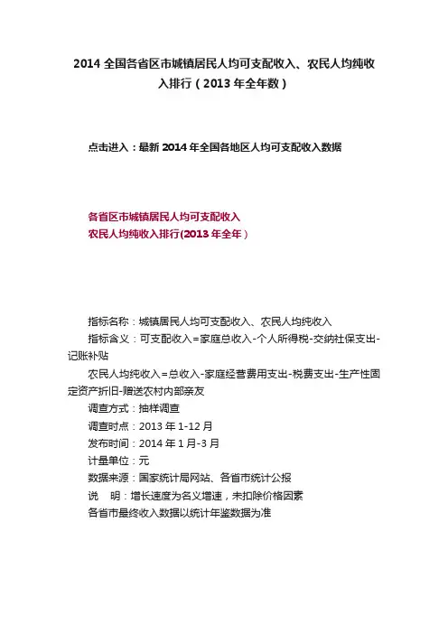 2014全国各省区市城镇居民人均可支配收入、农民人均纯收入排行（2013年全年数）