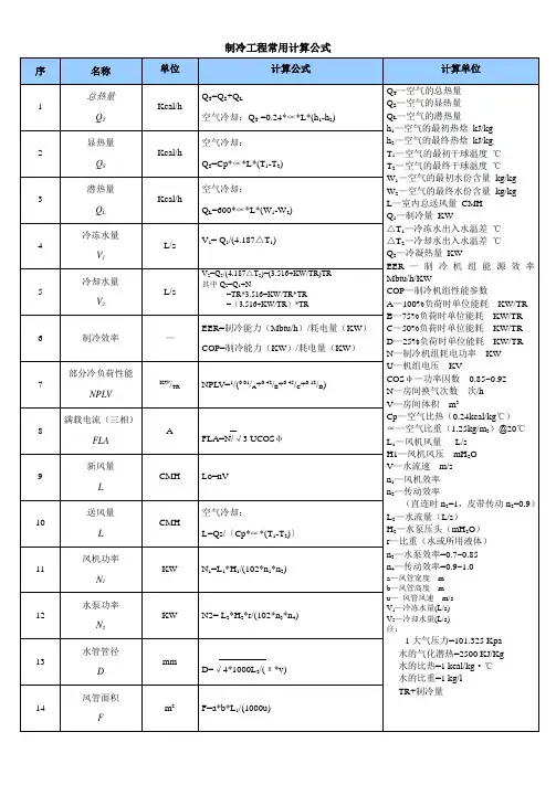 制冷工程常用计算公式