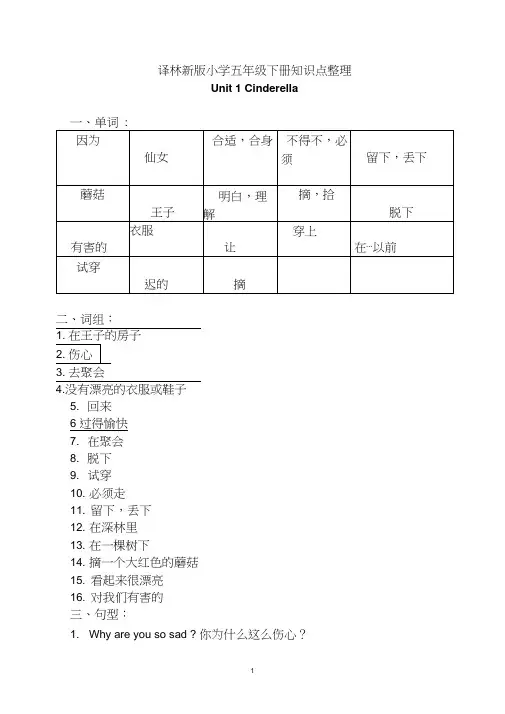 译林英语五年级下册知识点默写版