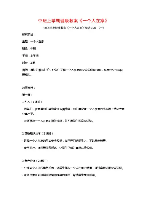 中班上学期健康教案《一个人在家》3篇