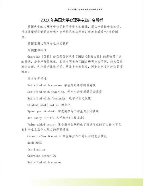 202X年英国大学心理学专业排名解析