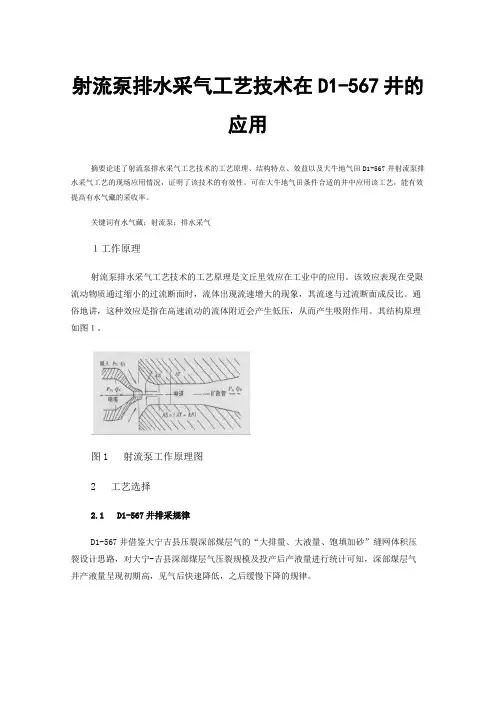 射流泵排水采气工艺技术在D1-567井的应用