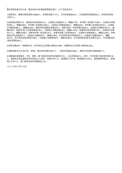 重庆市2010年高考录取结果公布