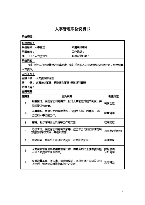 人事管理岗位说明书