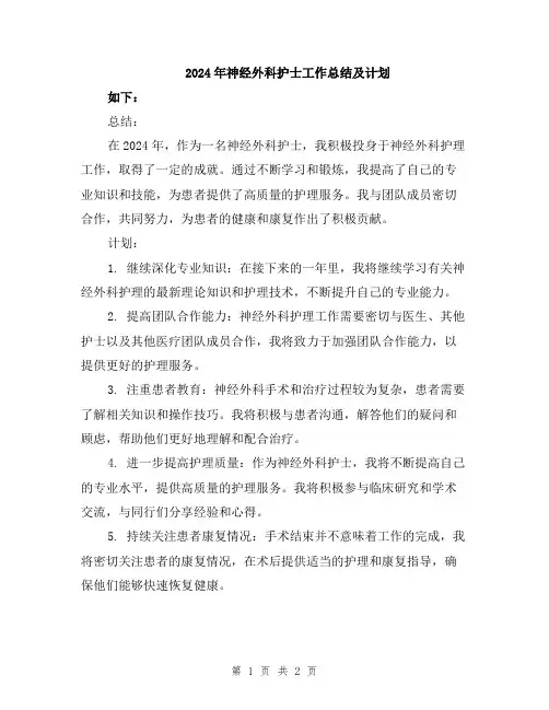 2024年神经外科护士工作总结及计划