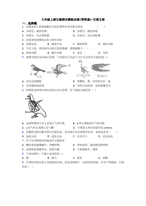 八年级上册生物期末模拟试卷(带答案)-百度文库