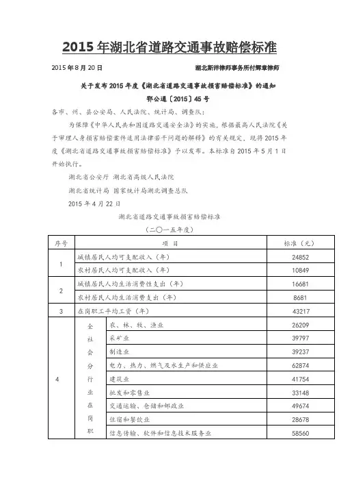 2015年湖北省道路交通事故损害赔偿标准