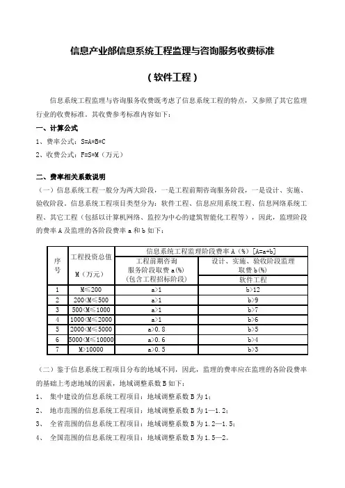 信息产业部信息系统工程监理与咨询服务收费标准