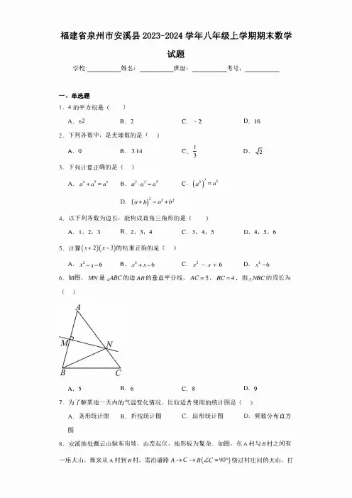 福建省泉州市安溪县2023-2024学年八年级上学期期末数学试题(含答案)