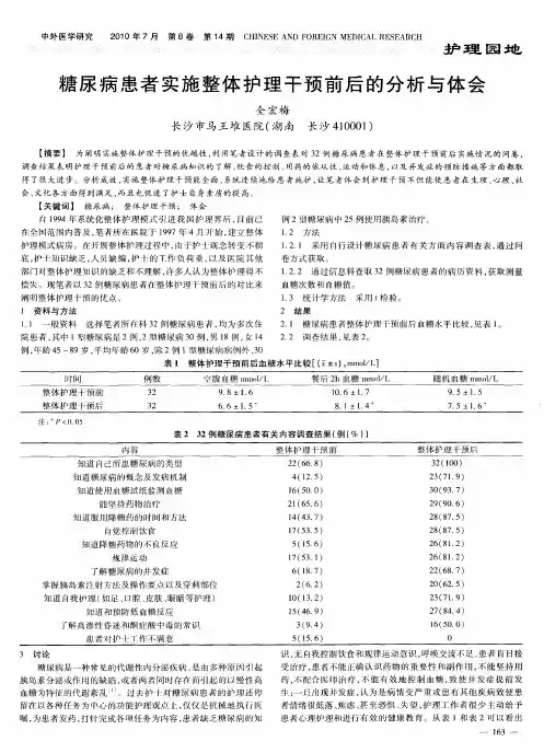 糖尿病患者实施整体护理干预前后的分析与体会