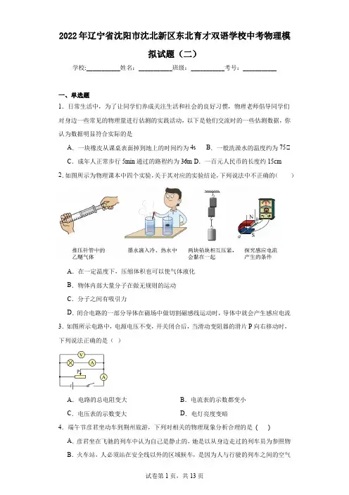 2022年辽宁省沈阳市沈北新区东北育才双语学校中考物理模拟试题(二)