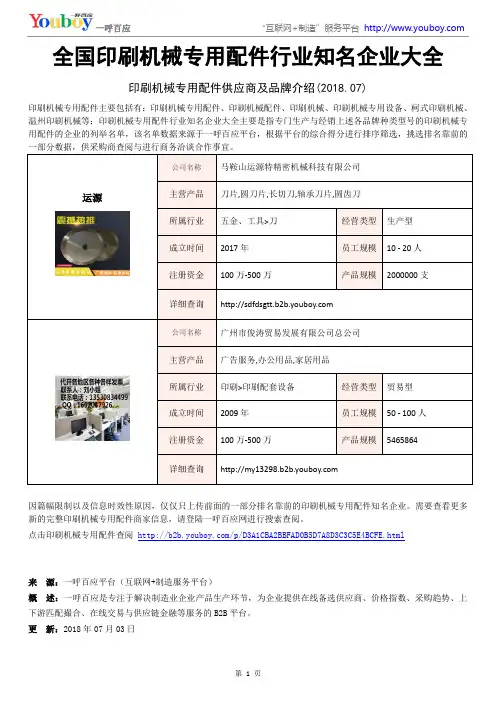 全国印刷机械专用配件行业知名企业大全-印刷机械专用配件供应商及品牌介绍2018.07